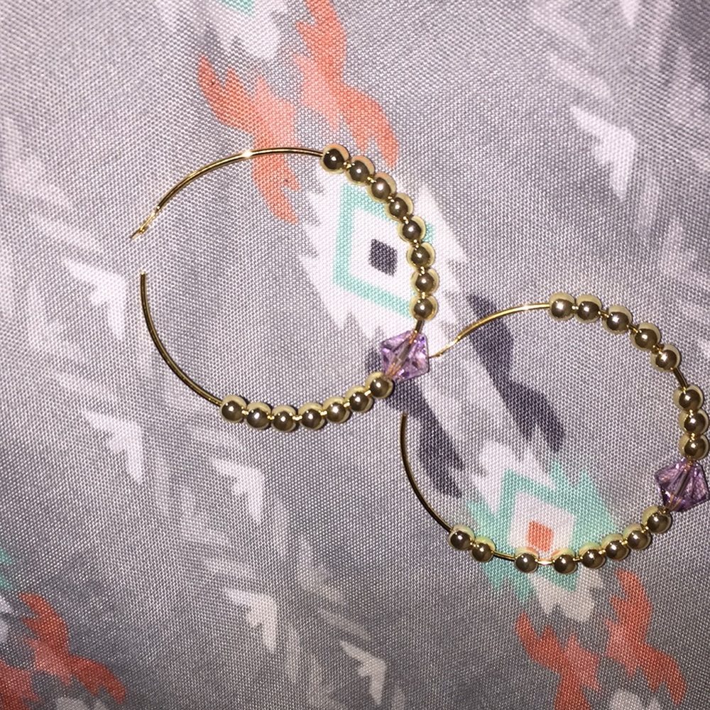 Hoop earrings gold bead with pink REAL crystal